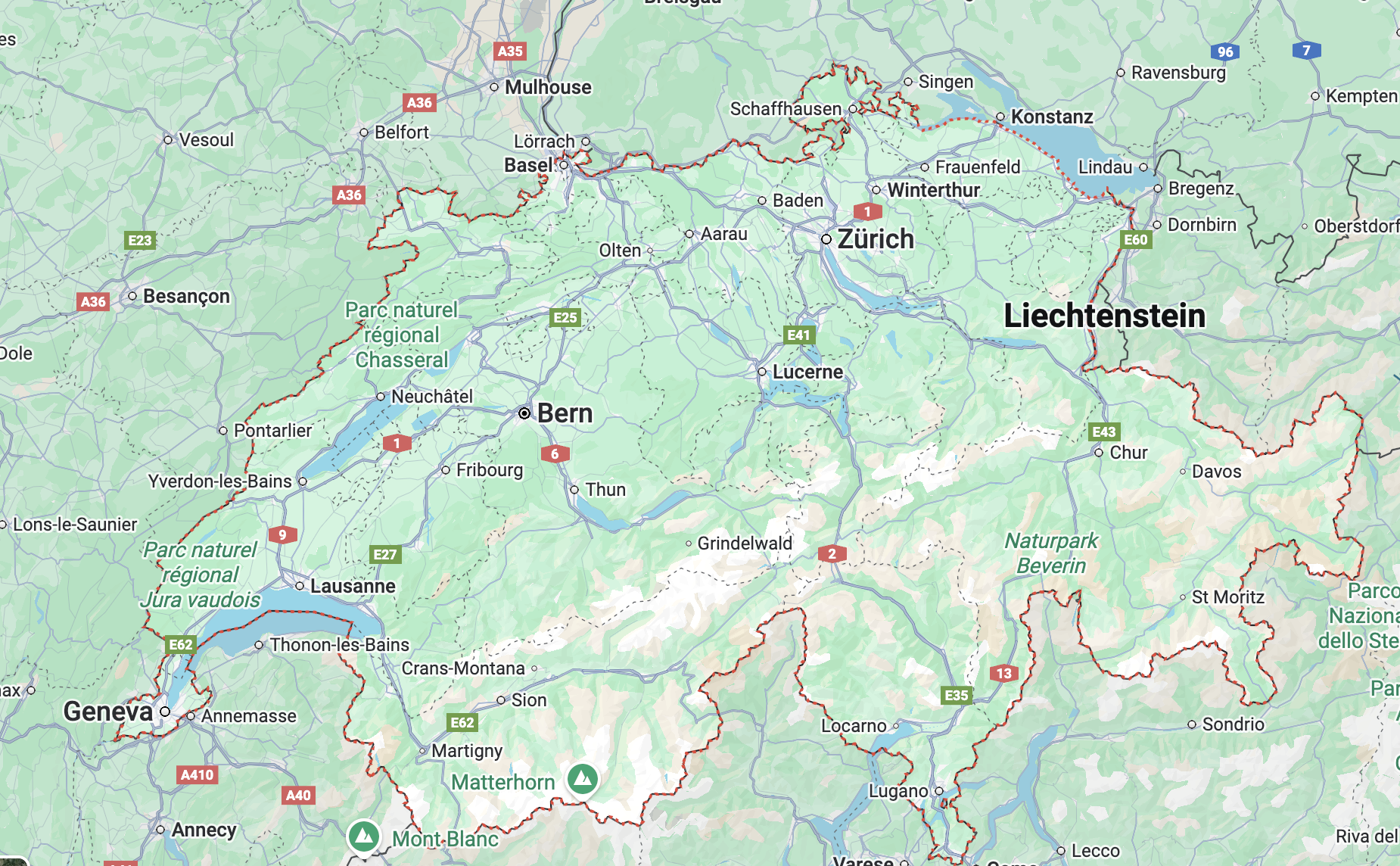 Map of Switzerland showing Hire-A-Car.ch locations